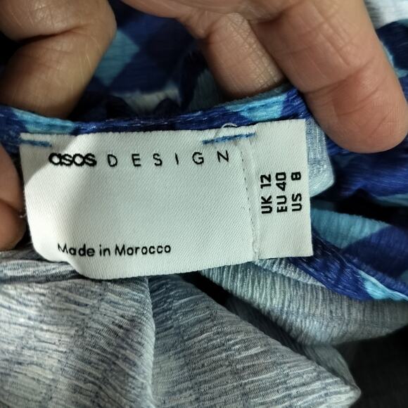 4682) Asos Design Blue Check Puff Sleeve Trapeze Maxi Dress Size 8 - Picture 7 of 9